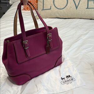 Coach Magenta and Brown Trim Leather Tote